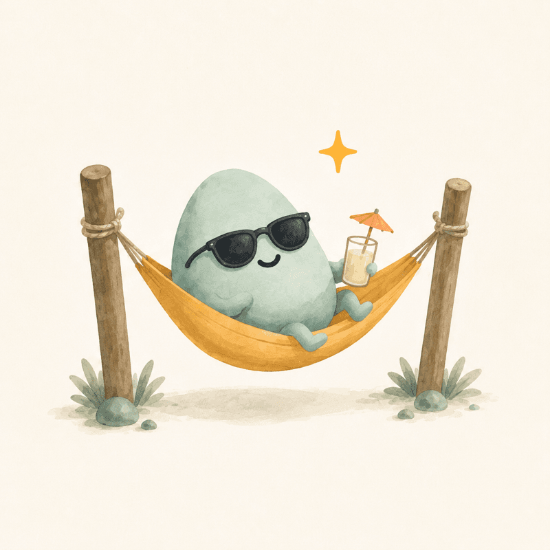 Pebbles relaxes in a hammock between two posts, wearing sunglasses, holding a small drink, a golden sparkle nearby.