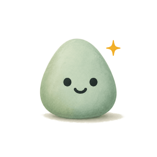 Pebbles, a small sage-green pebble with a gentle smile and a golden sparkle.