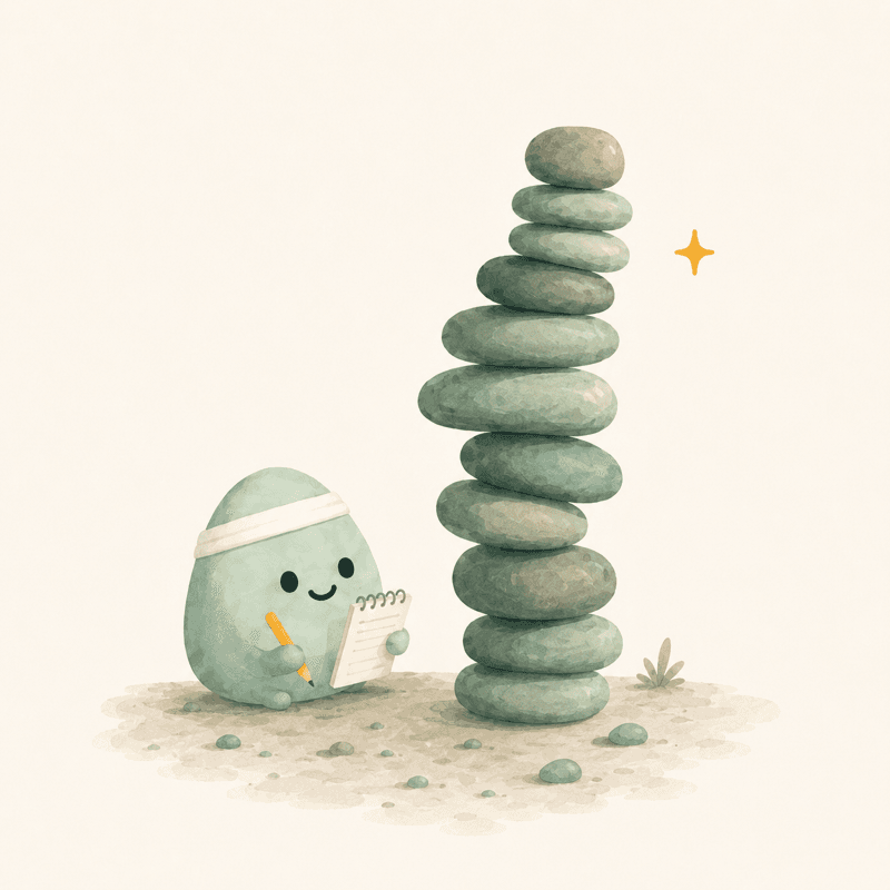 Pebbles sits with a notebook and pencil, planning, next to a carefully stacked tower of smaller pebbles and a small golden sparkle.