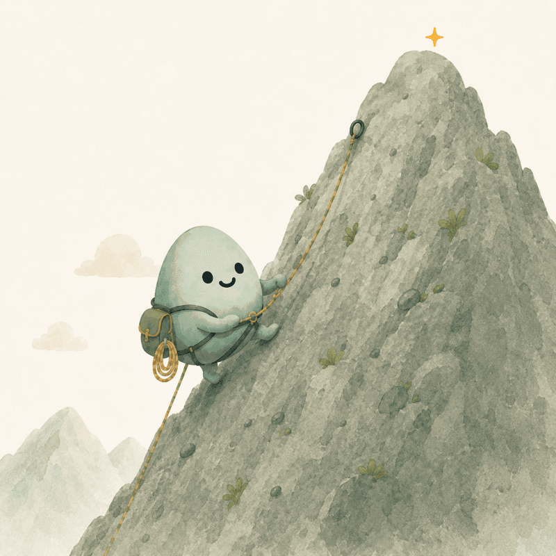 Pebbles climbs a steep mountain with a rope and a small backpack, a golden sparkle marking the summit.